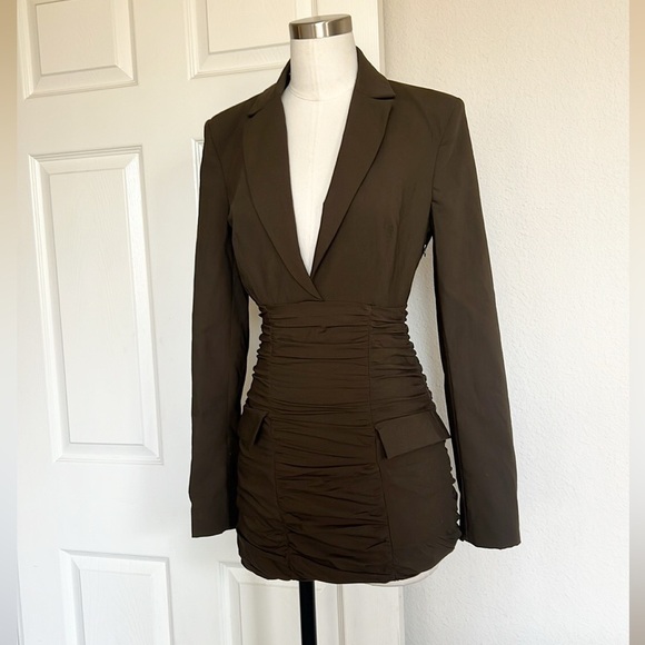 Zara Ruched Blazer Short Dress Dark Brown Shoulder Pads - Picture 4 of 7
